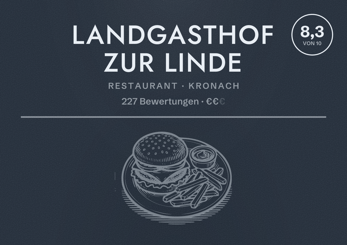 Illustriertes Poster von Landgasthof zur Linde, Restaurant in Kronach: Bewertung 8,3 von 10 aus 227 Bewertungen, Preisniveau €€
