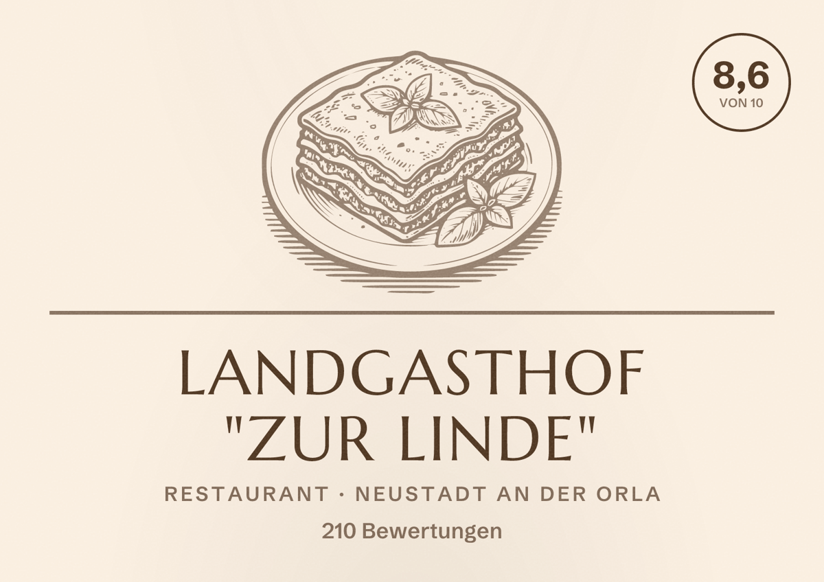 Illustriertes Poster von Landgasthof "Zur Linde", Restaurant in Neustadt an der Orla: Bewertung 8,6 von 10 aus 210 Bewertungen