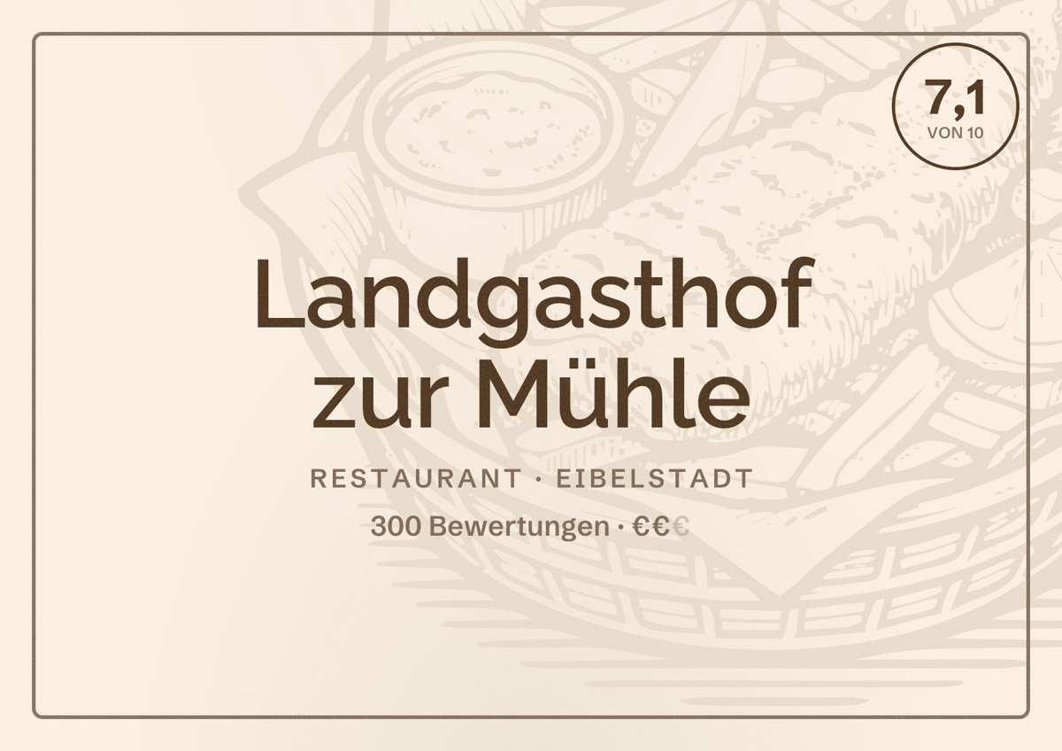 Illustriertes Poster von Landgasthof zur Mühle, Restaurant in Eibelstadt: Bewertung 7,1 von 10 aus 300 Bewertungen, Preisniveau €€