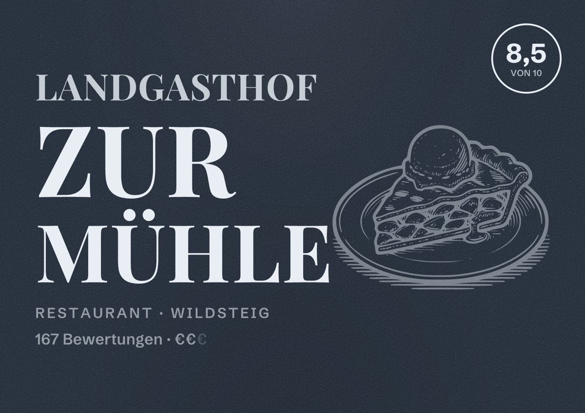 Illustriertes Poster von Landgasthof zur Mühle, Restaurant in Wildsteig: Bewertung 8,5 von 10 aus 167 Bewertungen, Preisniveau €€