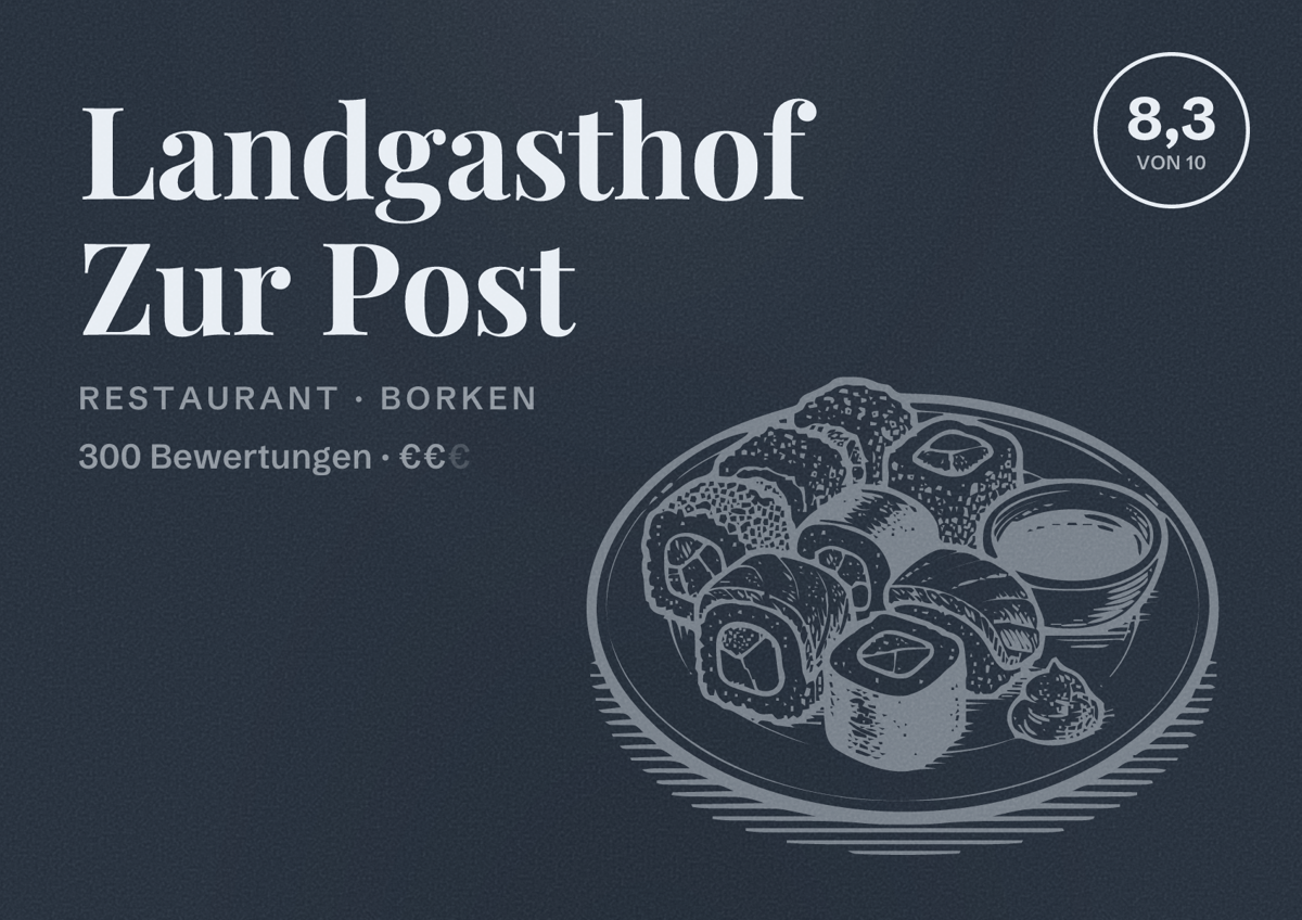 Illustriertes Poster von Landgasthof Zur Post, Restaurant in Borken: Bewertung 8,3 von 10 aus 300 Bewertungen, Preisniveau €€