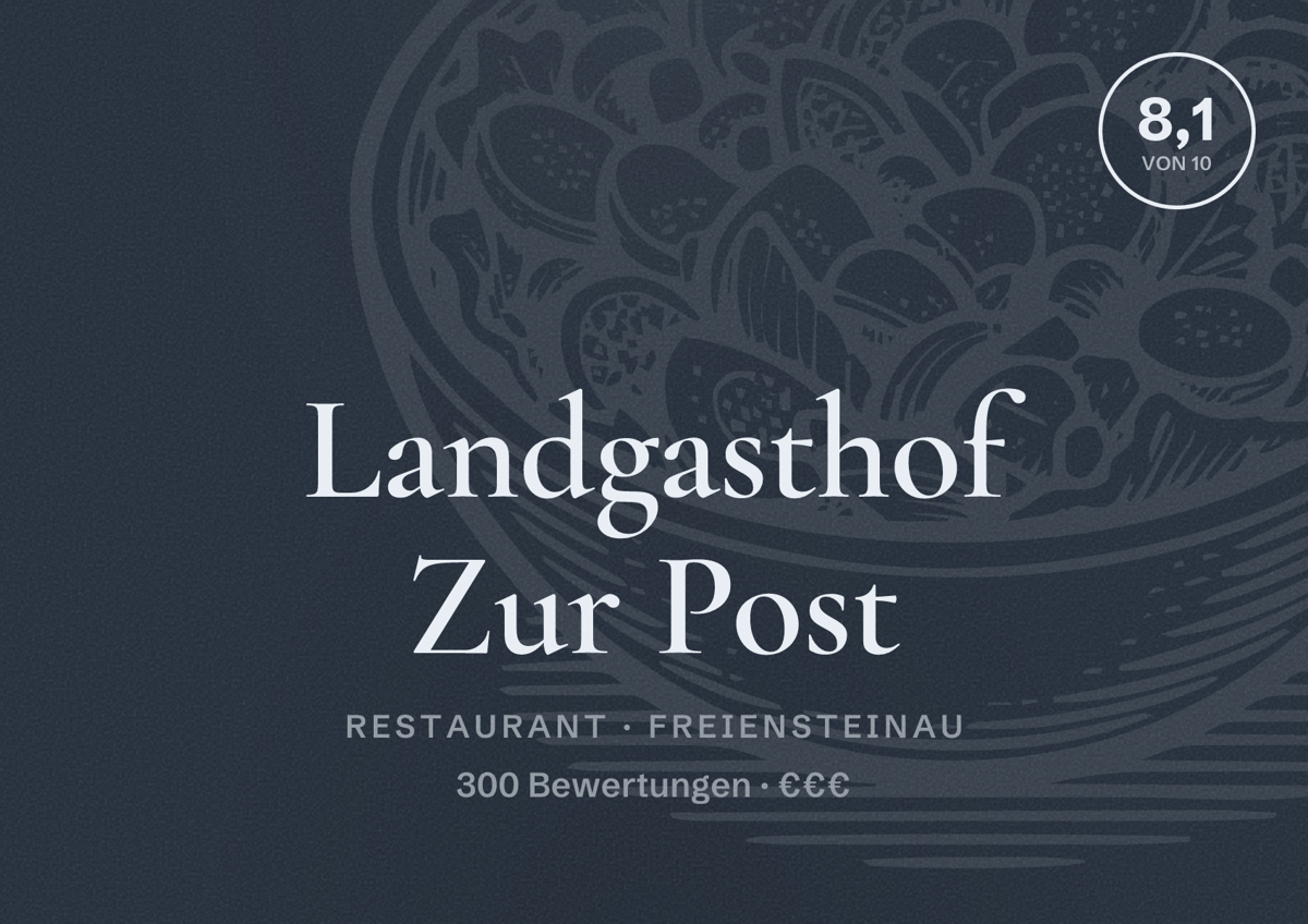 Illustriertes Poster von Landgasthof Zur Post, Restaurant in Freiensteinau: Bewertung 8,1 von 10 aus 300 Bewertungen, Preisniveau €€€