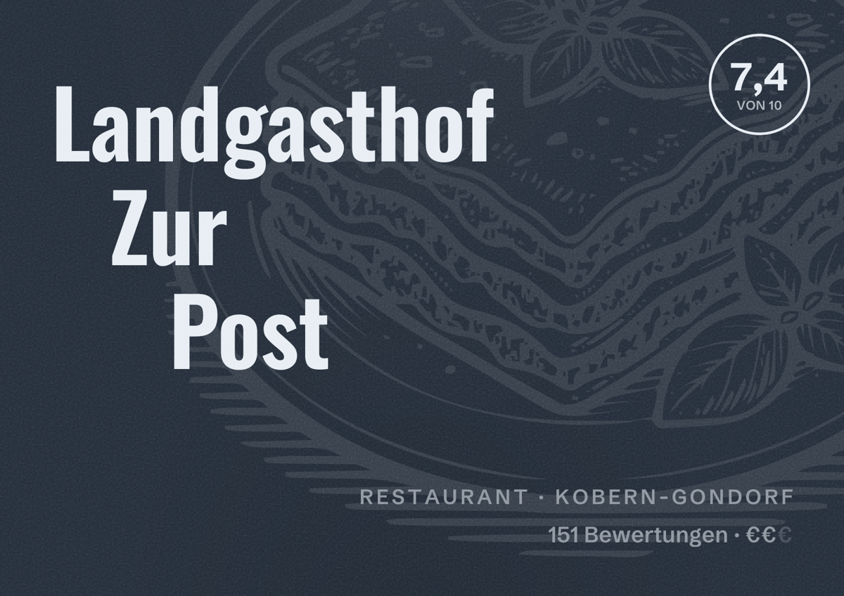Illustriertes Poster von Landgasthof Zur Post, Restaurant in Kobern-Gondorf: Bewertung 7,4 von 10 aus 151 Bewertungen, Preisniveau €€