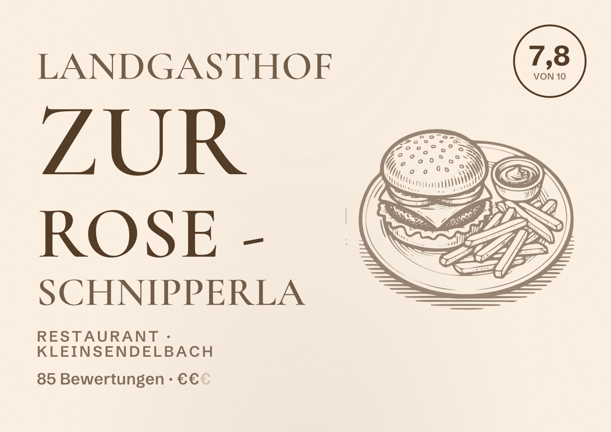 Illustriertes Poster von Landgasthof Zur Rose - Schnipperla, Restaurant in Kleinsendelbach: Bewertung 7,8 von 10 aus 85 Bewertungen, Preisniveau €€