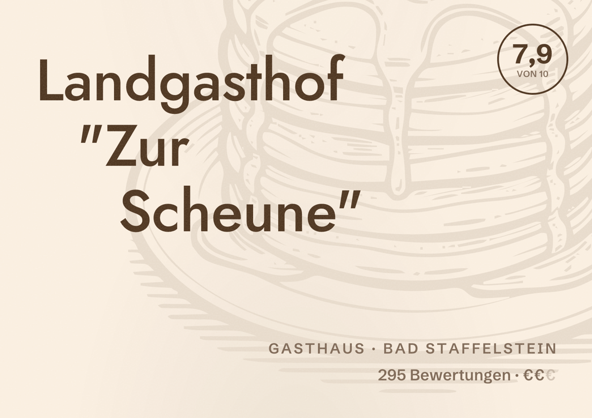 Illustriertes Poster von Landgasthof "Zur Scheune", Gasthaus in Bad Staffelstein: Bewertung 7,9 von 10 aus 295 Bewertungen, Preisniveau €€