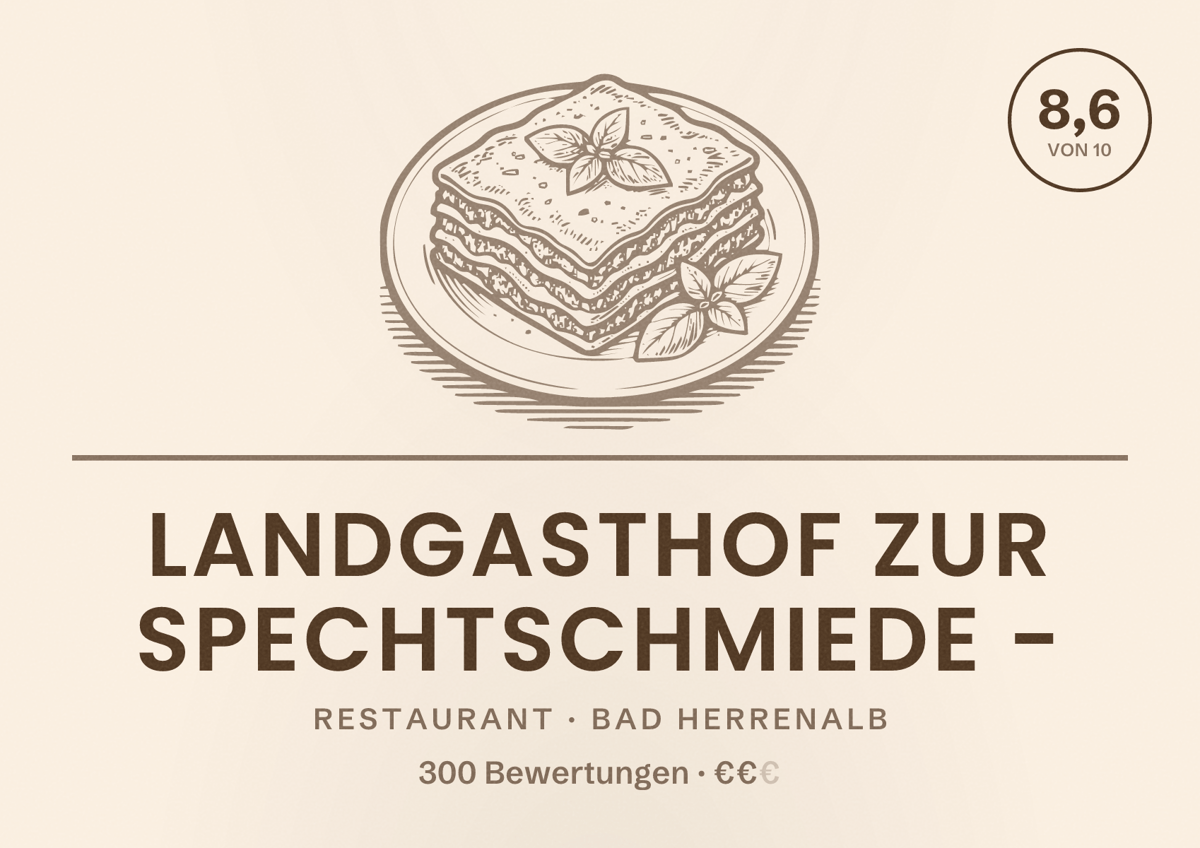 Illustriertes Poster von Landgasthof Zur Spechtschmiede -, Restaurant in Bad Herrenalb: Bewertung 8,6 von 10 aus 300 Bewertungen, Preisniveau €€