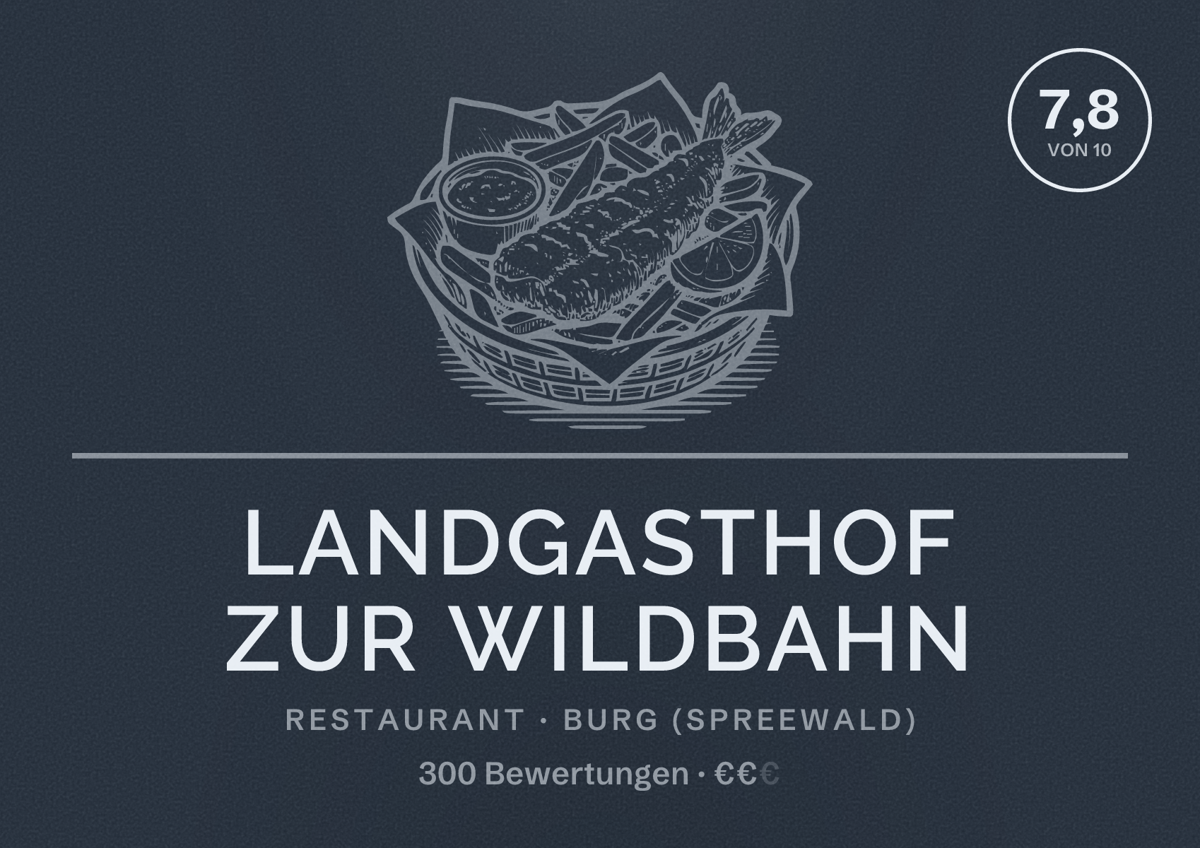 Illustriertes Poster von Landgasthof Zur Wildbahn, Restaurant in Burg (Spreewald): Bewertung 7,8 von 10 aus 300 Bewertungen, Preisniveau €€