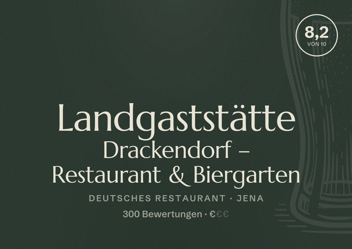 Illustriertes Poster von Landgaststätte Drackendorf – Restaurant & Biergarten, Deutsches Restaurant in Jena: Bewertung 8,2 von 10 aus 300 Bewertungen, Preisniveau €