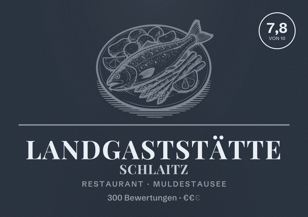 Illustriertes Poster von Landgaststätte Schlaitz, Restaurant in Muldestausee: Bewertung 7,8 von 10 aus 300 Bewertungen, Preisniveau €€