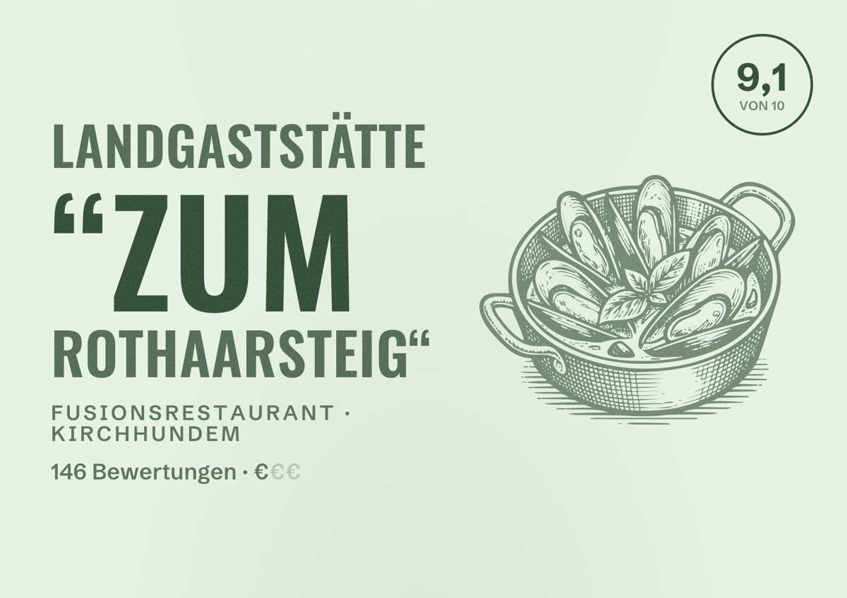 Illustriertes Poster von Landgaststätte “Zum Rothaarsteig“, Fusionsrestaurant in Kirchhundem: Bewertung 9,1 von 10 aus 146 Bewertungen, Preisniveau €