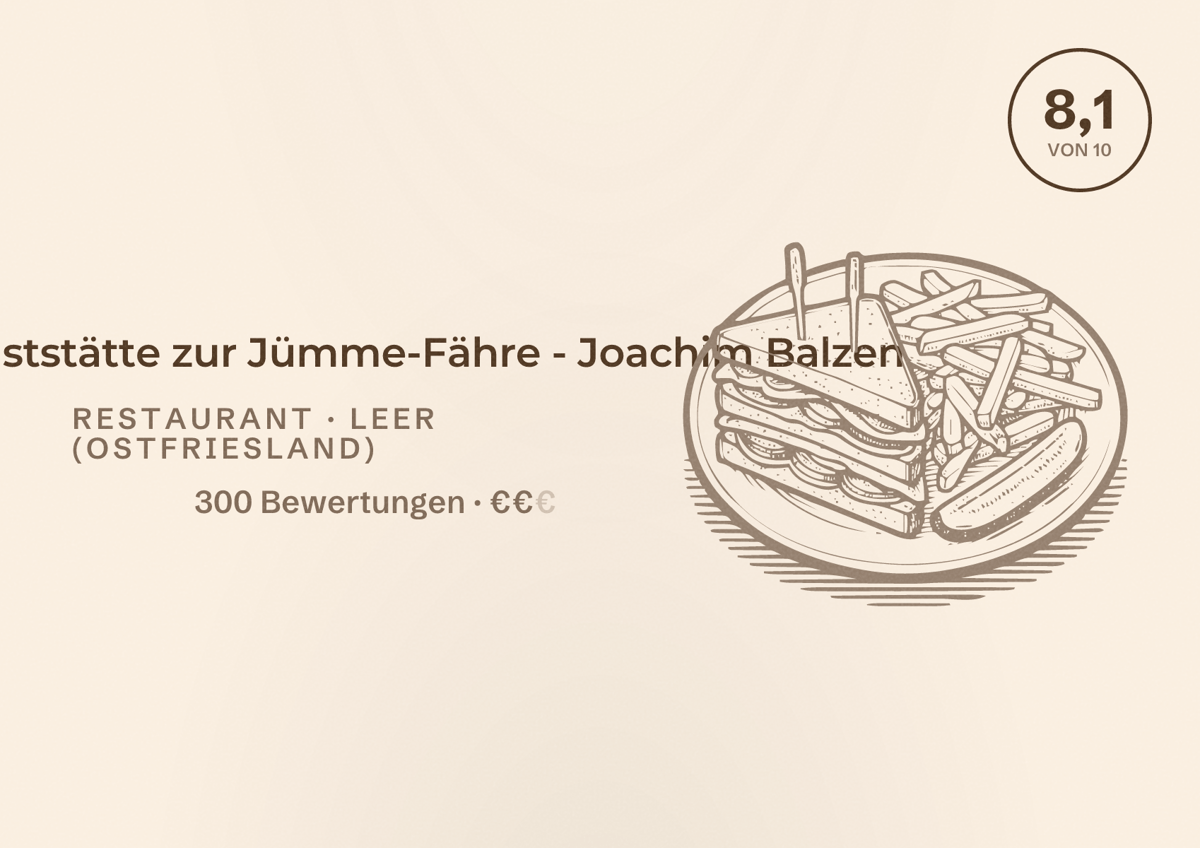 Illustriertes Poster von Landgaststätte zur Jümme-Fähre - Joachim Balzen, Restaurant in Leer (Ostfriesland): Bewertung 8,1 von 10 aus 300 Bewertungen, Preisniveau €€