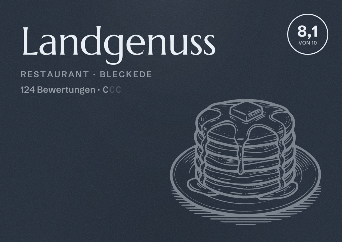 Illustriertes Poster von Landgenuss, Restaurant in Bleckede: Bewertung 8,1 von 10 aus 124 Bewertungen, Preisniveau €