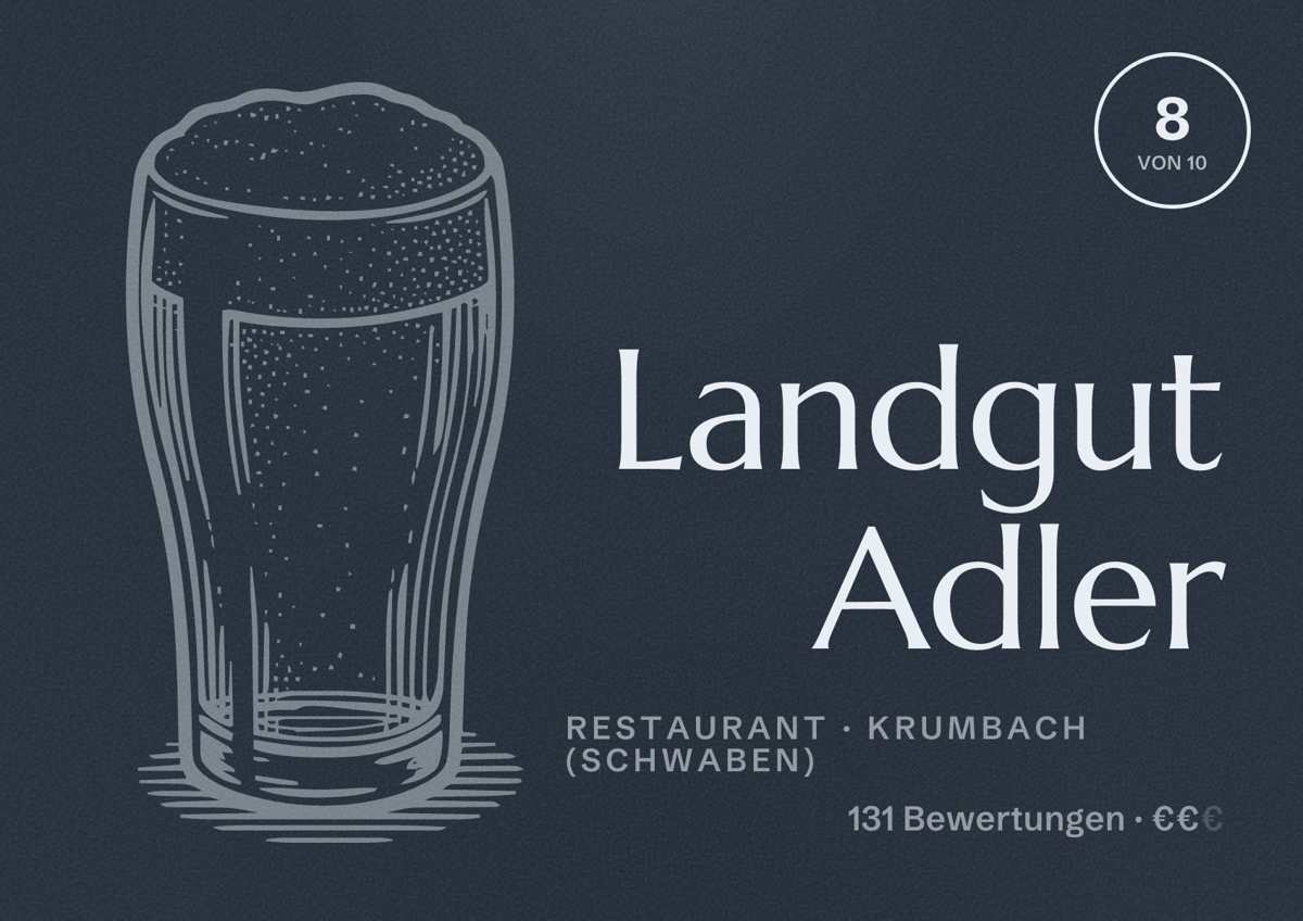 Illustriertes Poster von Landgut Adler, Restaurant in Krumbach (Schwaben): Bewertung 8 von 10 aus 131 Bewertungen, Preisniveau €€