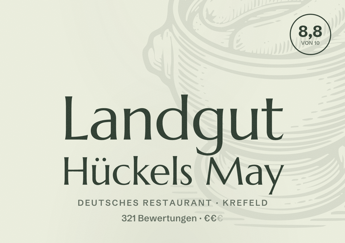 Illustriertes Poster von Landgut Hückels May, Deutsches Restaurant in Krefeld: Bewertung 8,8 von 10 aus 321 Bewertungen, Preisniveau €€