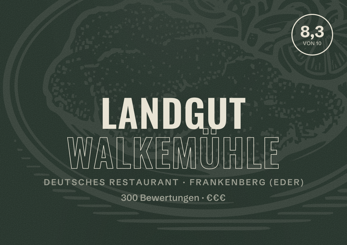 Illustriertes Poster von Landgut Walkemühle, Deutsches Restaurant in Frankenberg (Eder): Bewertung 8,3 von 10 aus 300 Bewertungen, Preisniveau €€€