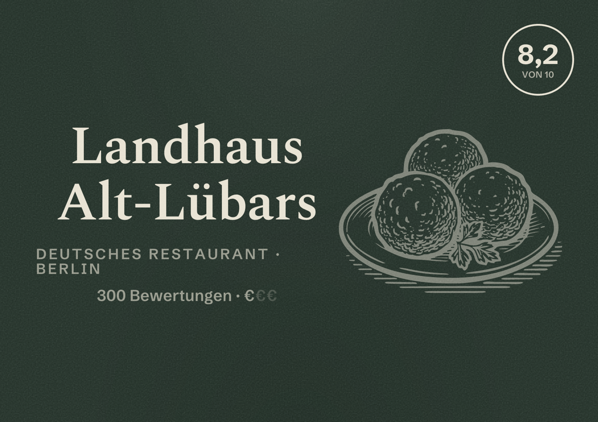 Illustriertes Poster von Landhaus Alt-Lübars, Deutsches Restaurant in Berlin: Bewertung 8,2 von 10 aus 300 Bewertungen, Preisniveau €