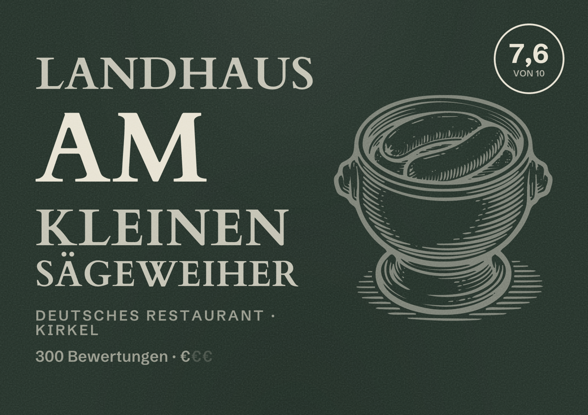 Illustriertes Poster von Landhaus am kleinen Sägeweiher, Deutsches Restaurant in Kirkel: Bewertung 7,6 von 10 aus 300 Bewertungen, Preisniveau €