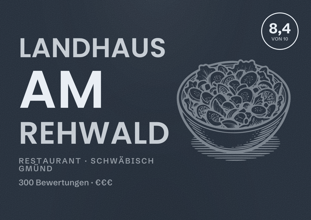 Illustriertes Poster von Landhaus am Rehwald, Restaurant in Schwäbisch Gmünd: Bewertung 8,4 von 10 aus 300 Bewertungen, Preisniveau €€€