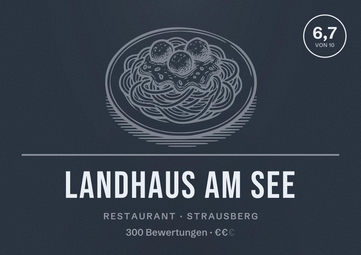 Illustriertes Poster von Landhaus am See, Restaurant in Strausberg: Bewertung 6,7 von 10 aus 300 Bewertungen, Preisniveau €€