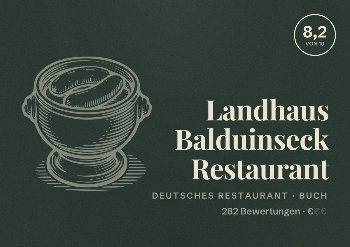 Illustriertes Poster von Landhaus Balduinseck Restaurant, Deutsches Restaurant in Buch: Bewertung 8,2 von 10 aus 282 Bewertungen, Preisniveau €