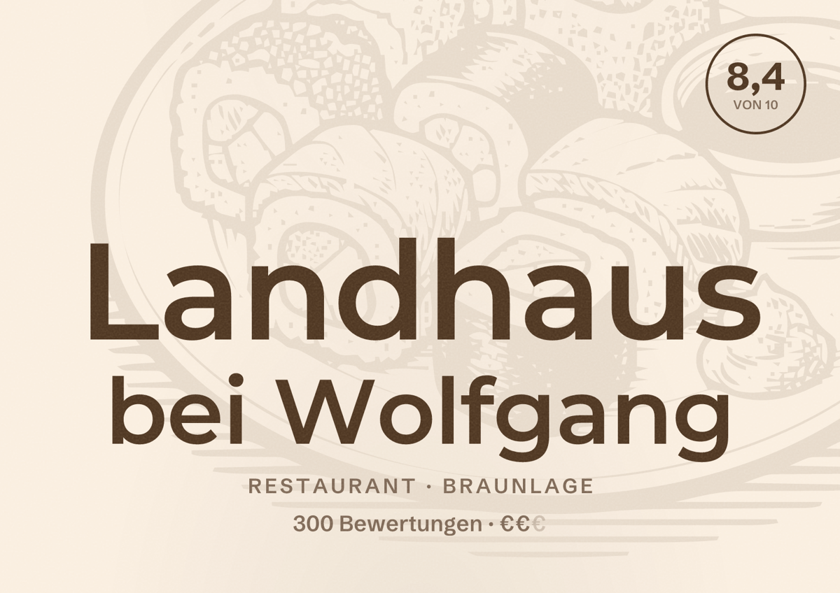 Illustriertes Poster von Landhaus bei Wolfgang, Restaurant in Braunlage: Bewertung 8,4 von 10 aus 300 Bewertungen, Preisniveau €€