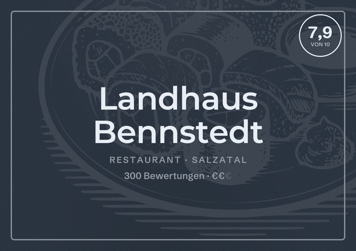 Illustriertes Poster von Landhaus Bennstedt, Restaurant in Salzatal: Bewertung 7,9 von 10 aus 300 Bewertungen, Preisniveau €€
