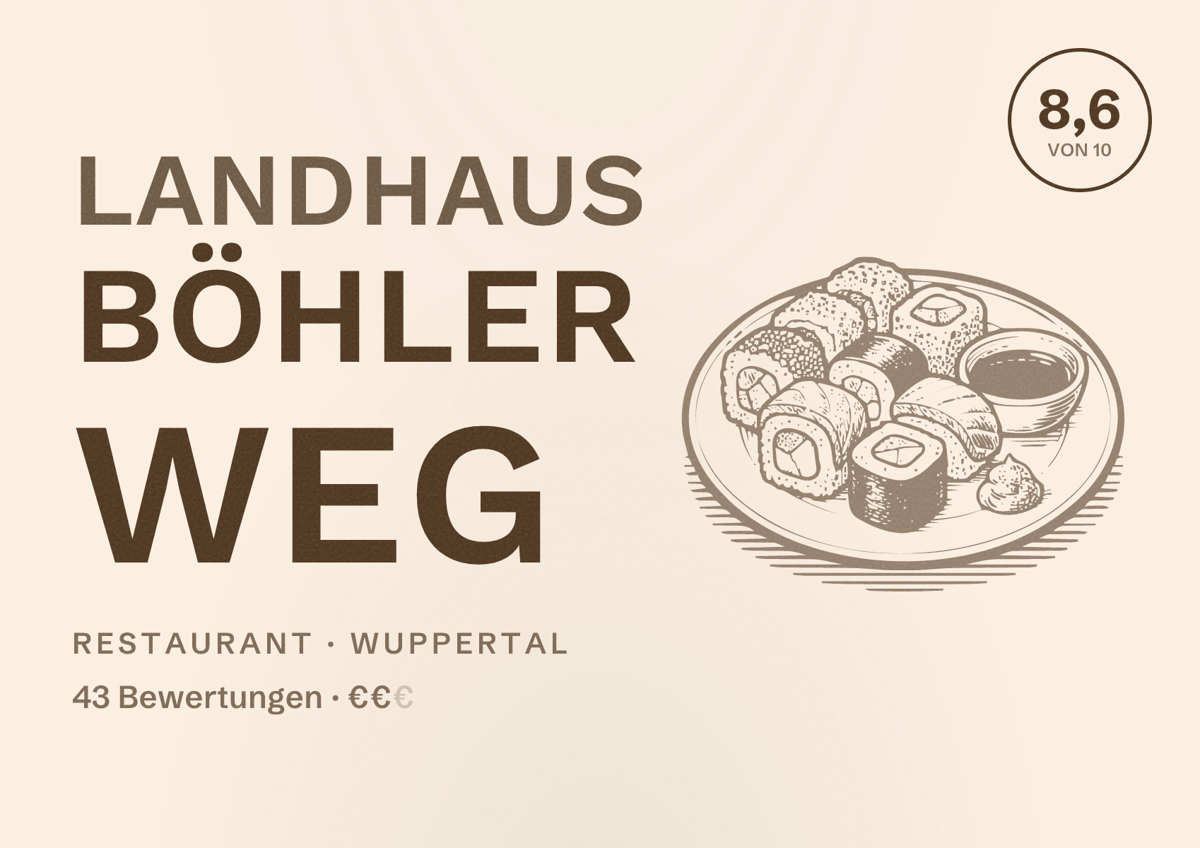 Illustriertes Poster von Landhaus Böhler Weg, Restaurant in Wuppertal: Bewertung 8,6 von 10 aus 43 Bewertungen, Preisniveau €€