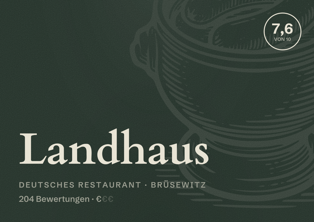 Illustriertes Poster von Landhaus, Deutsches Restaurant in Brüsewitz: Bewertung 7,6 von 10 aus 204 Bewertungen, Preisniveau €