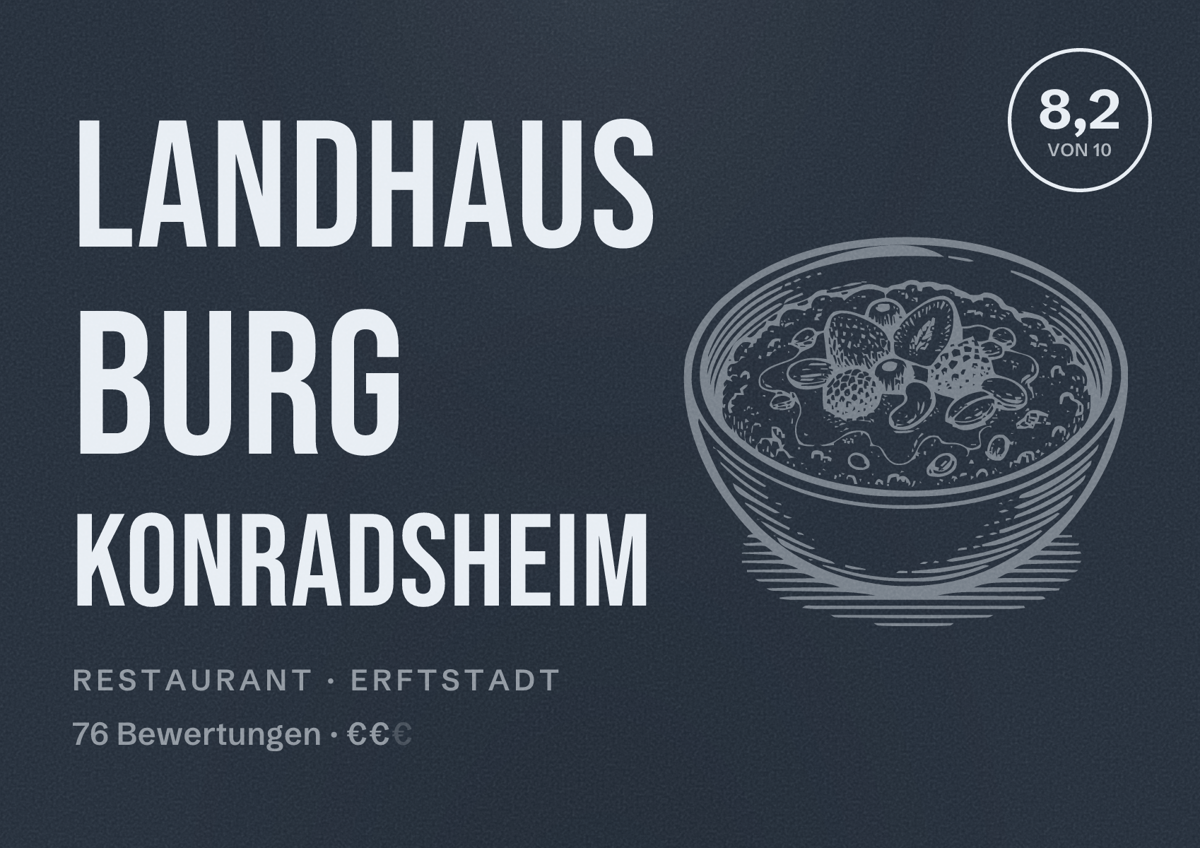 Illustriertes Poster von Landhaus Burg Konradsheim, Restaurant in Erftstadt: Bewertung 8,2 von 10 aus 76 Bewertungen, Preisniveau €€