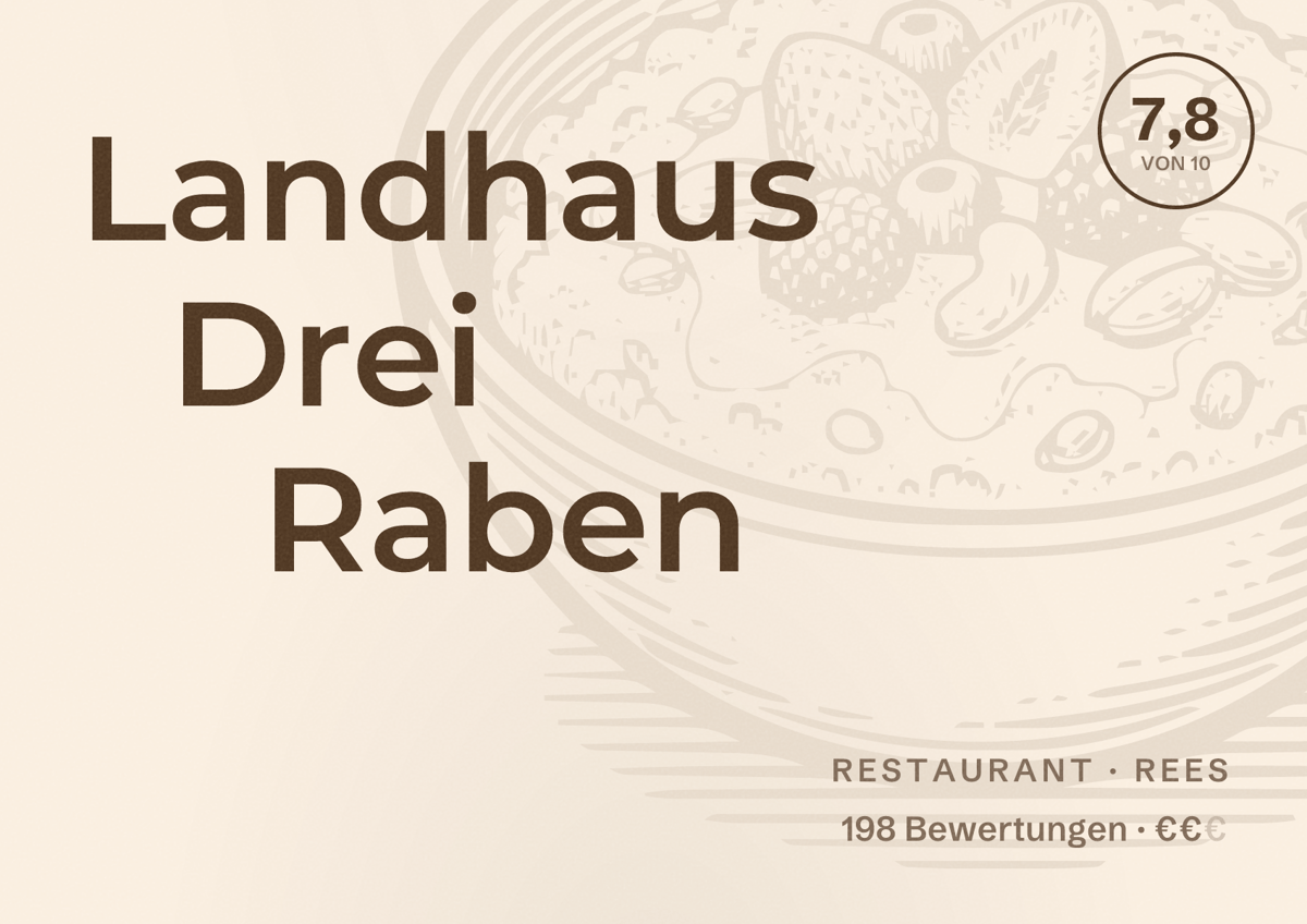 Illustriertes Poster von Landhaus Drei Raben, Restaurant in Rees: Bewertung 7,8 von 10 aus 198 Bewertungen, Preisniveau €€