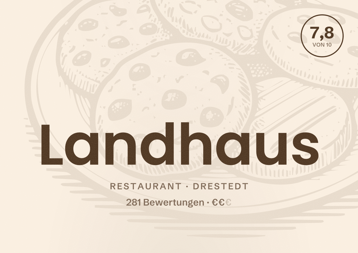 Illustriertes Poster von Landhaus, Restaurant in Drestedt: Bewertung 7,8 von 10 aus 281 Bewertungen, Preisniveau €€