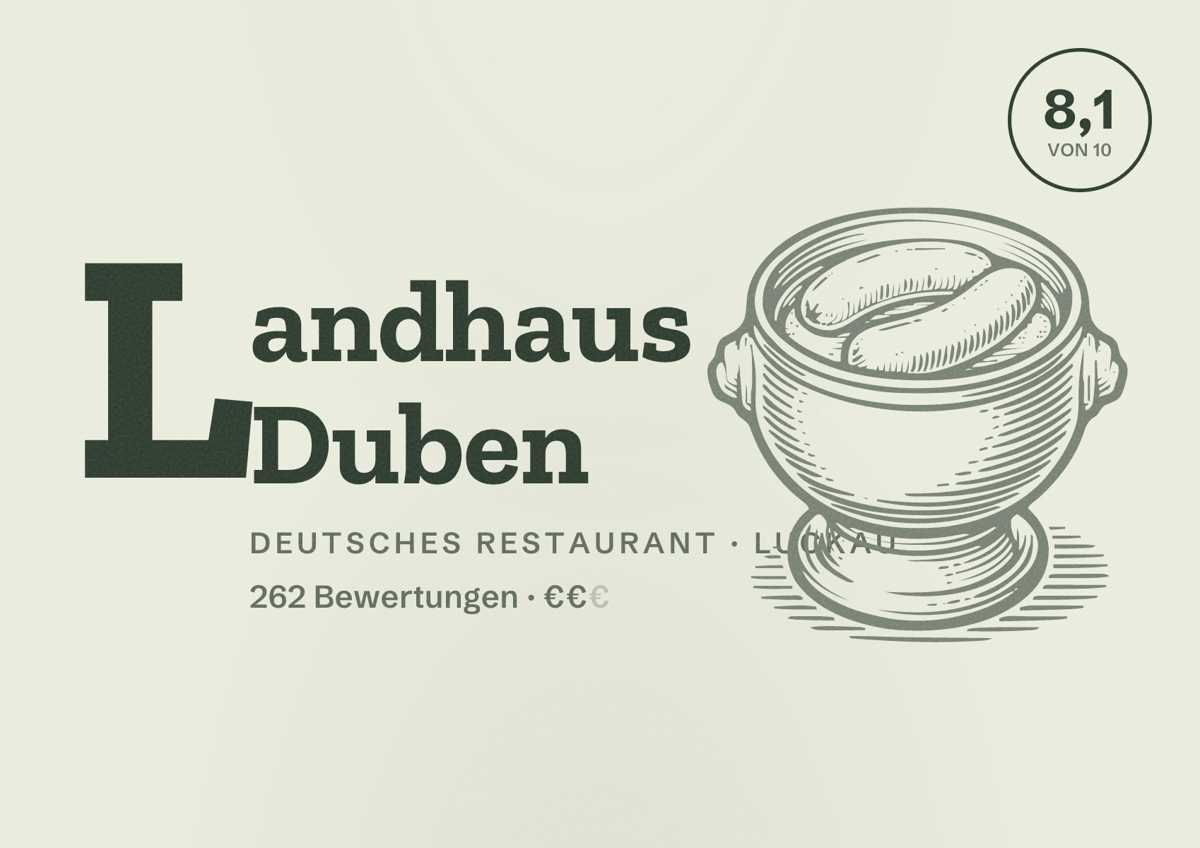 Illustriertes Poster von Landhaus Duben, Deutsches Restaurant in Luckau: Bewertung 8,1 von 10 aus 262 Bewertungen, Preisniveau €€