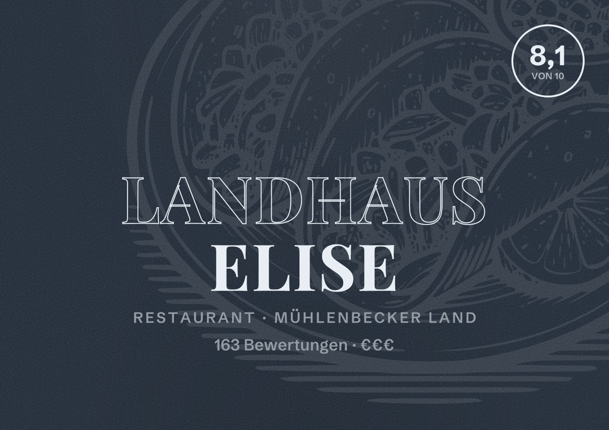 Illustriertes Poster von Landhaus Elise, Restaurant in Mühlenbecker Land: Bewertung 8,1 von 10 aus 163 Bewertungen, Preisniveau €€€
