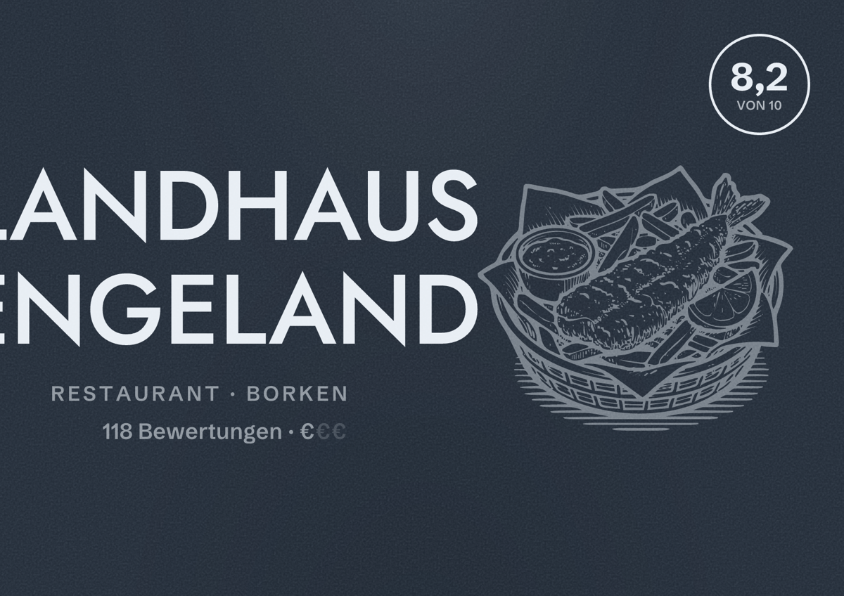 Illustriertes Poster von LANDHAUS ENGELAND, Restaurant in Borken: Bewertung 8,2 von 10 aus 118 Bewertungen, Preisniveau €