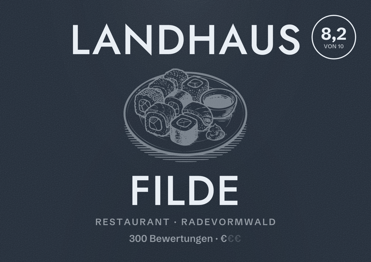 Illustriertes Poster von Landhaus Filde, Restaurant in Radevormwald: Bewertung 8,2 von 10 aus 300 Bewertungen, Preisniveau €
