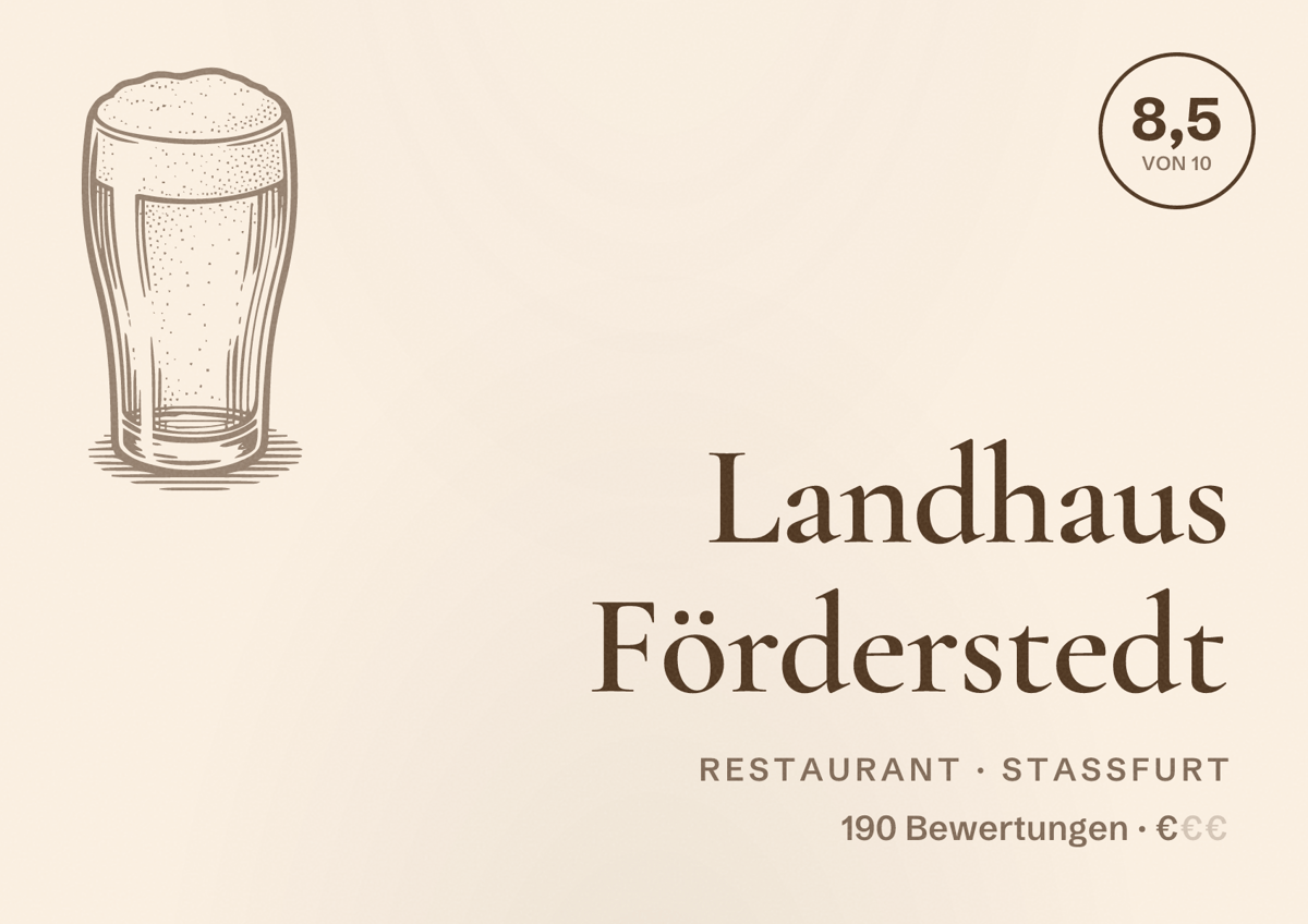 Illustriertes Poster von Landhaus Förderstedt, Restaurant in Staßfurt: Bewertung 8,5 von 10 aus 190 Bewertungen, Preisniveau €