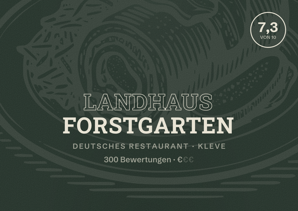Illustriertes Poster von Landhaus Forstgarten, Deutsches Restaurant in Kleve: Bewertung 7,3 von 10 aus 300 Bewertungen, Preisniveau €