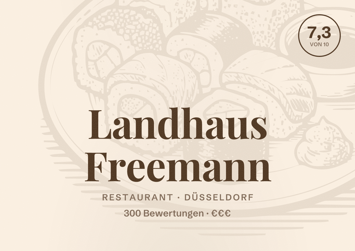 Illustriertes Poster von Landhaus Freemann, Restaurant in Düsseldorf: Bewertung 7,3 von 10 aus 300 Bewertungen, Preisniveau €€€