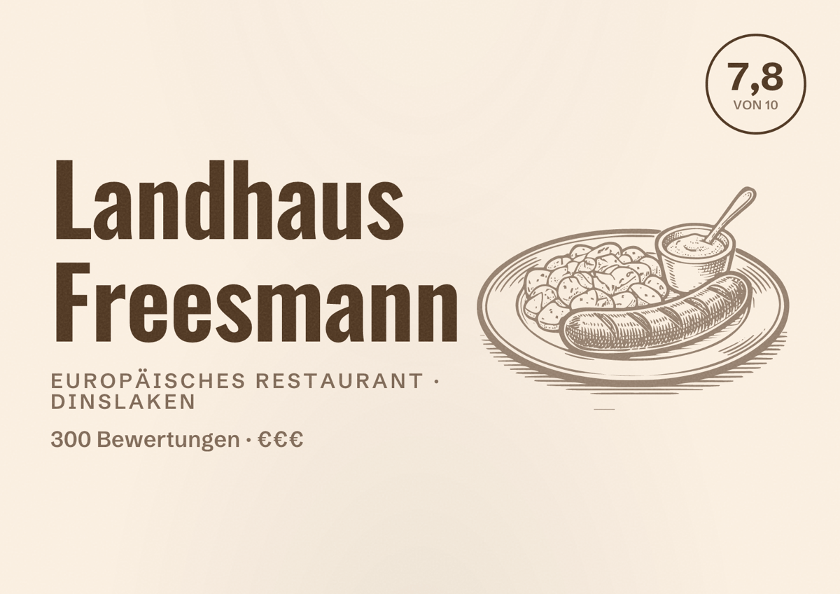 Illustriertes Poster von Landhaus Freesmann, Europäisches Restaurant in Dinslaken: Bewertung 7,8 von 10 aus 300 Bewertungen, Preisniveau €€€