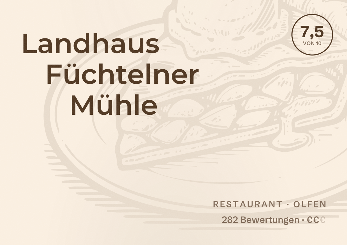Illustriertes Poster von Landhaus Füchtelner Mühle, Restaurant in Olfen: Bewertung 7,5 von 10 aus 282 Bewertungen, Preisniveau €€