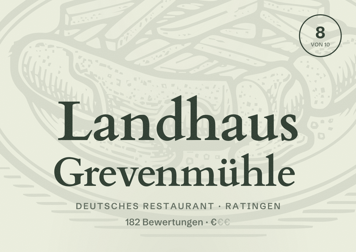 Illustriertes Poster von Landhaus Grevenmühle, Deutsches Restaurant in Ratingen: Bewertung 8 von 10 aus 182 Bewertungen, Preisniveau €