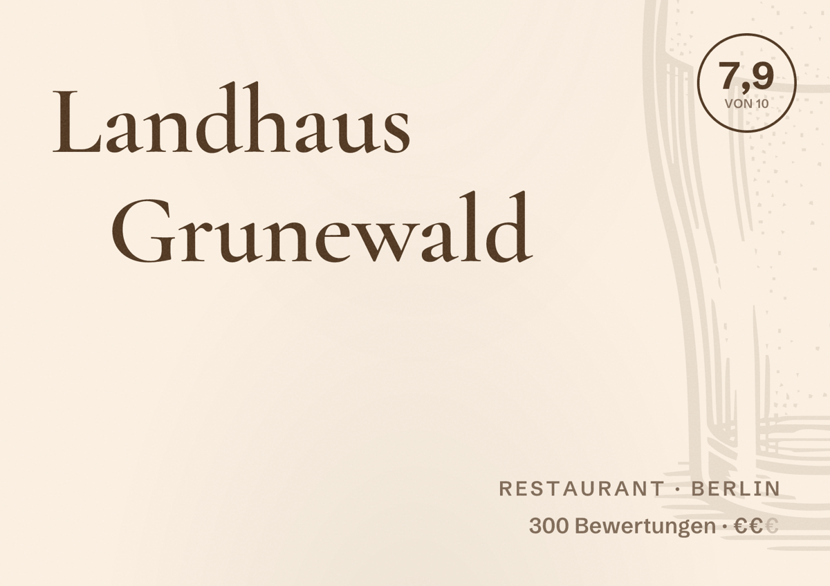 Illustriertes Poster von Landhaus Grunewald, Restaurant in Berlin: Bewertung 7,9 von 10 aus 300 Bewertungen, Preisniveau €€