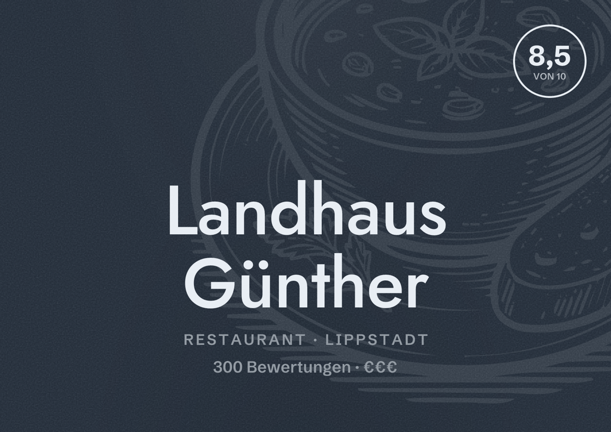 Illustriertes Poster von Landhaus Günther, Restaurant in Lippstadt: Bewertung 8,5 von 10 aus 300 Bewertungen, Preisniveau €€€