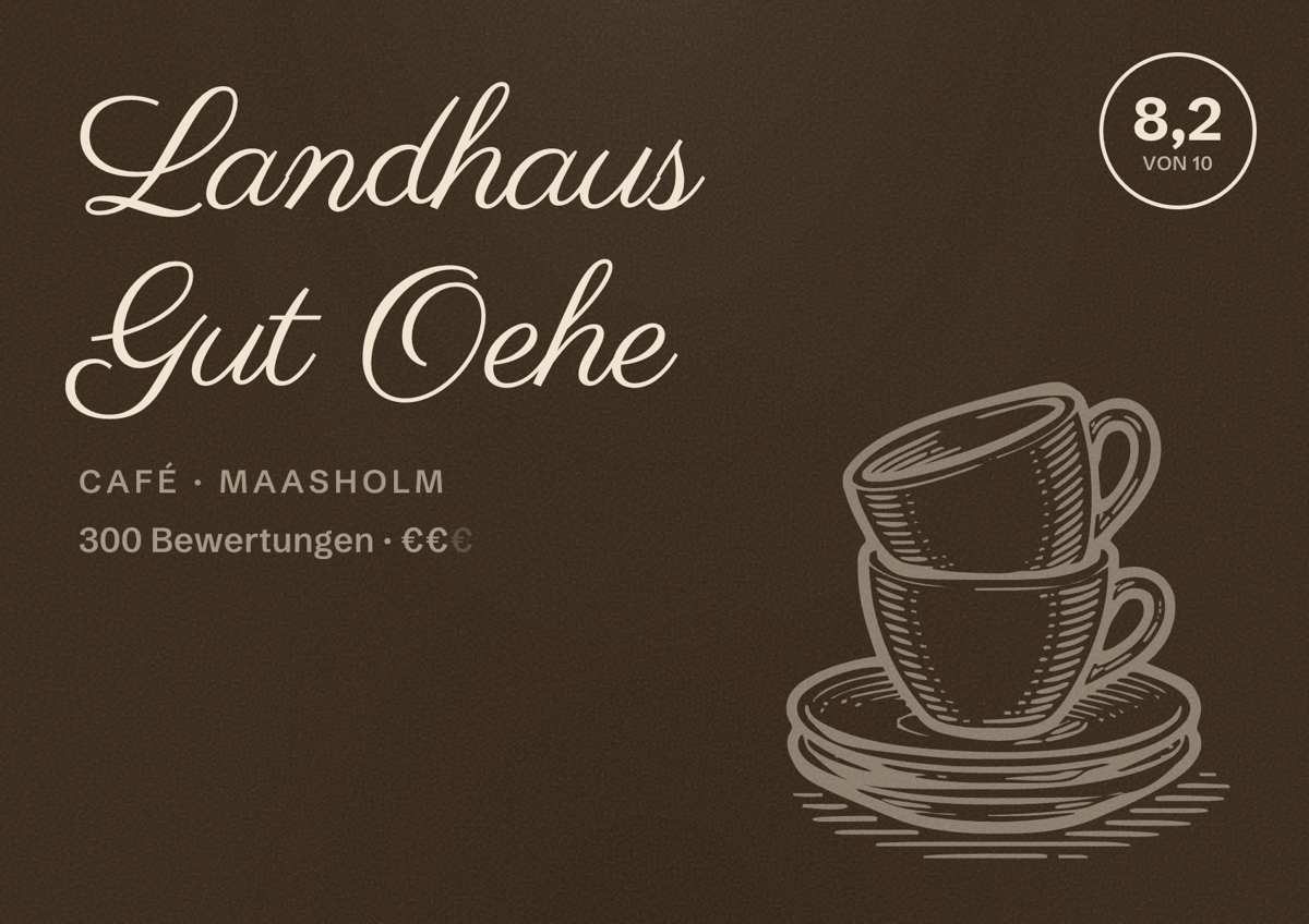 Illustriertes Poster von Landhaus Gut Oehe, Café in Maasholm: Bewertung 8,2 von 10 aus 300 Bewertungen, Preisniveau €€