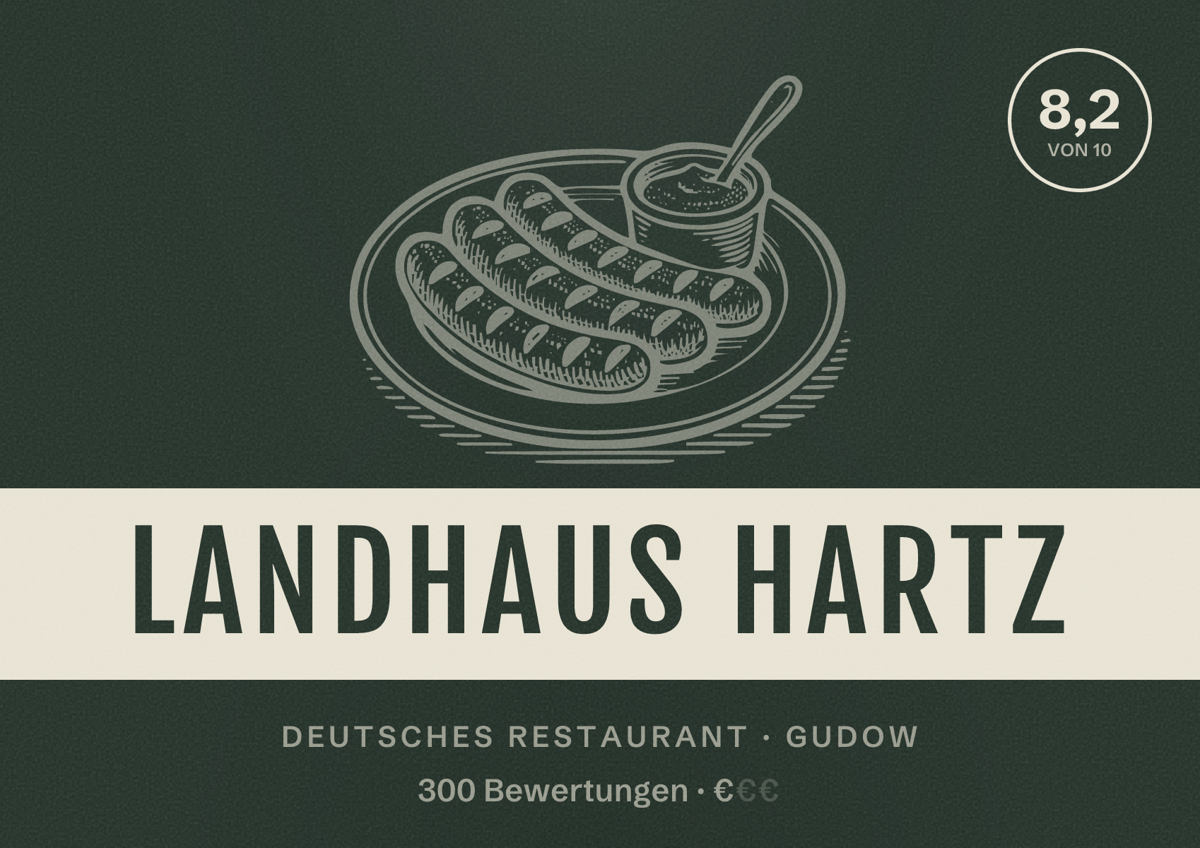 Illustriertes Poster von Landhaus Hartz, Deutsches Restaurant in Gudow: Bewertung 8,2 von 10 aus 300 Bewertungen, Preisniveau €