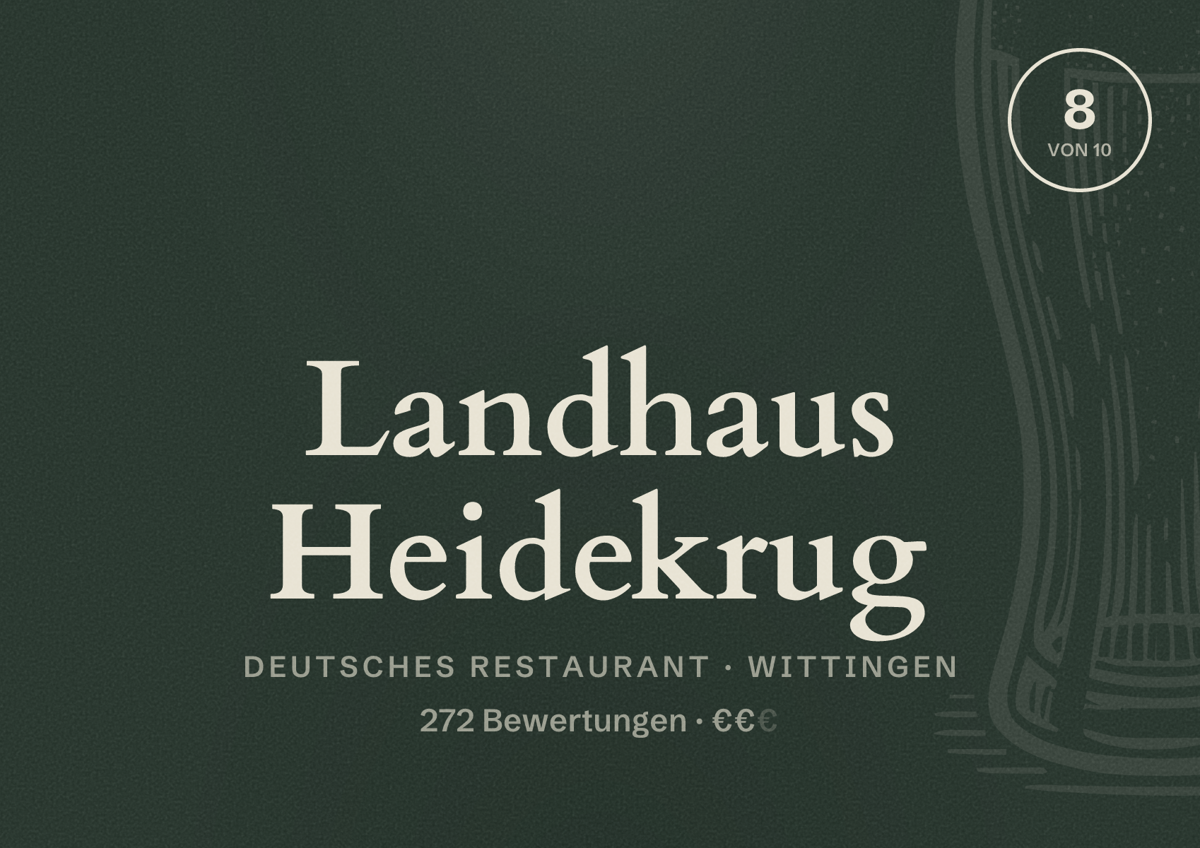 Illustriertes Poster von Landhaus Heidekrug, Deutsches Restaurant in Wittingen: Bewertung 8 von 10 aus 272 Bewertungen, Preisniveau €€