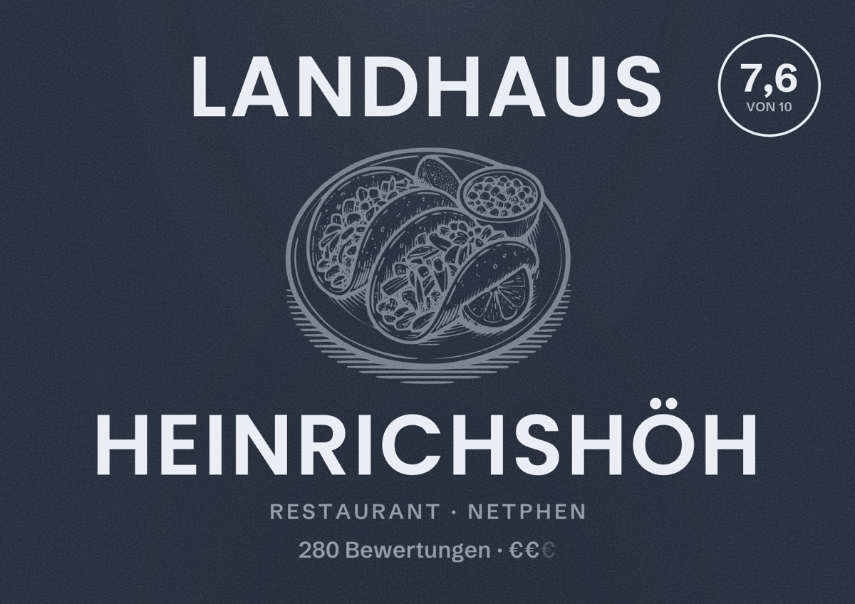 Illustriertes Poster von Landhaus Heinrichshöh, Restaurant in Netphen: Bewertung 7,6 von 10 aus 280 Bewertungen, Preisniveau €€