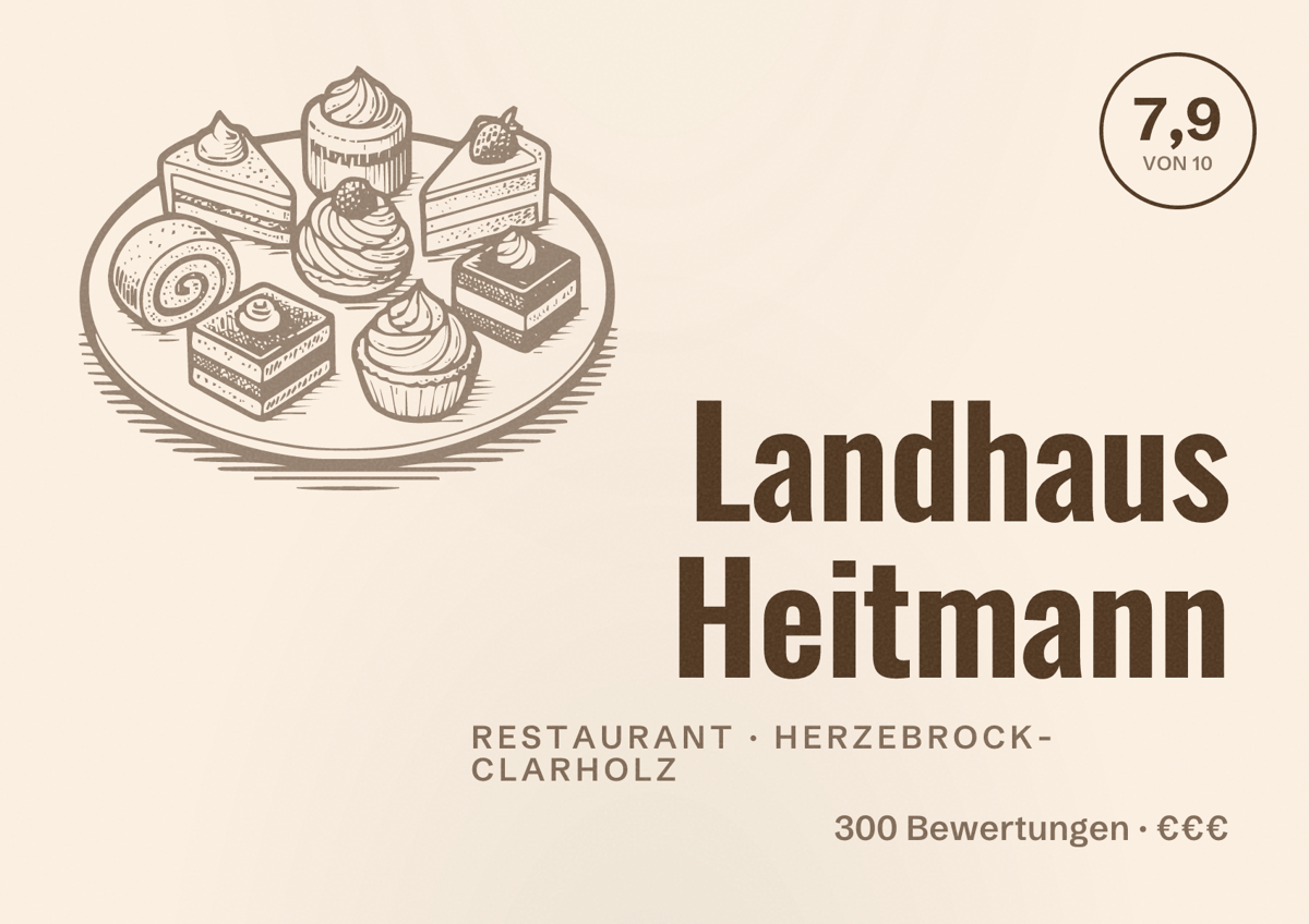 Illustriertes Poster von Landhaus Heitmann, Restaurant in Herzebrock-Clarholz: Bewertung 7,9 von 10 aus 300 Bewertungen, Preisniveau €€€