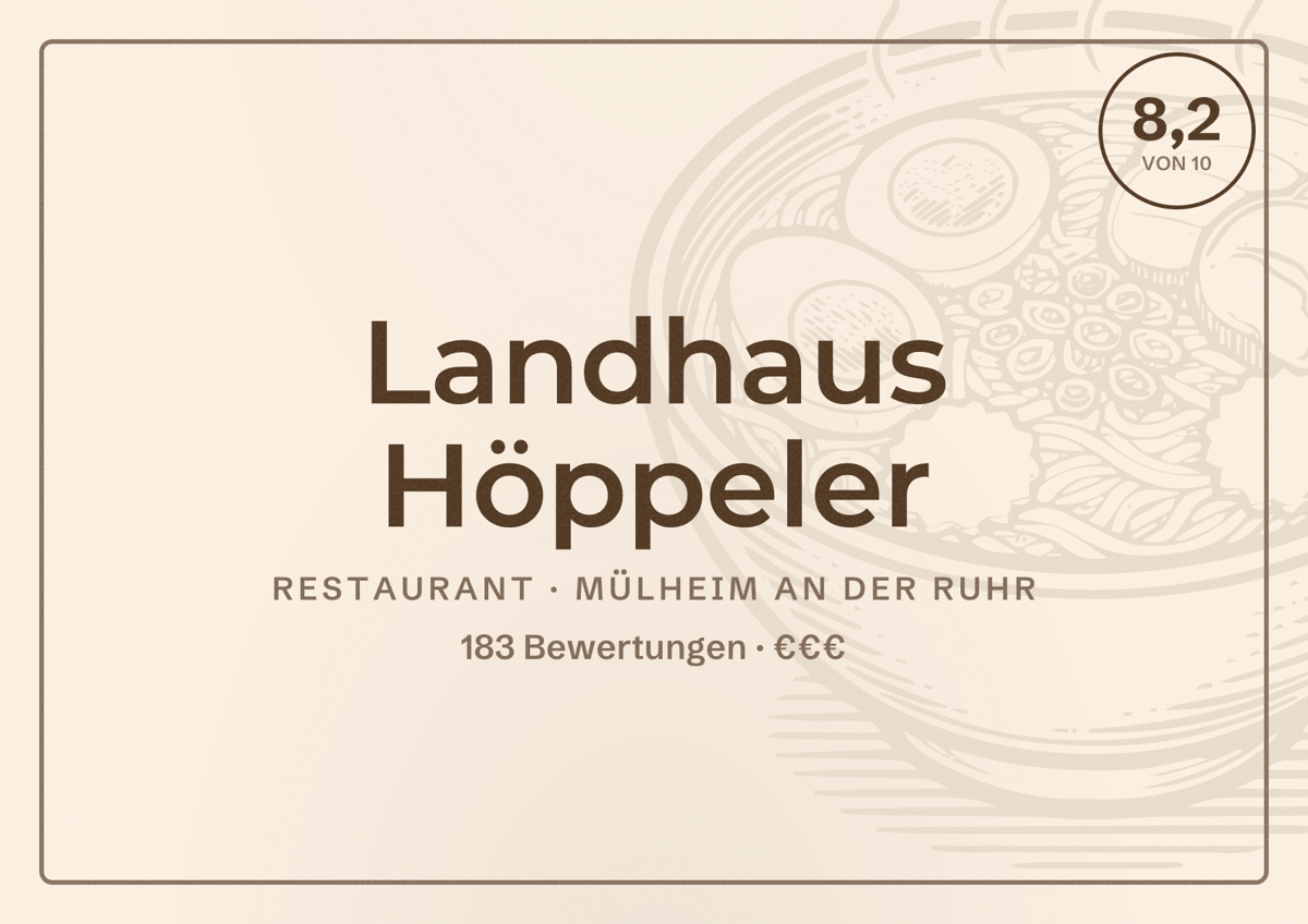 Illustriertes Poster von Landhaus Höppeler, Restaurant in Mülheim an der Ruhr: Bewertung 8,2 von 10 aus 183 Bewertungen, Preisniveau €€€