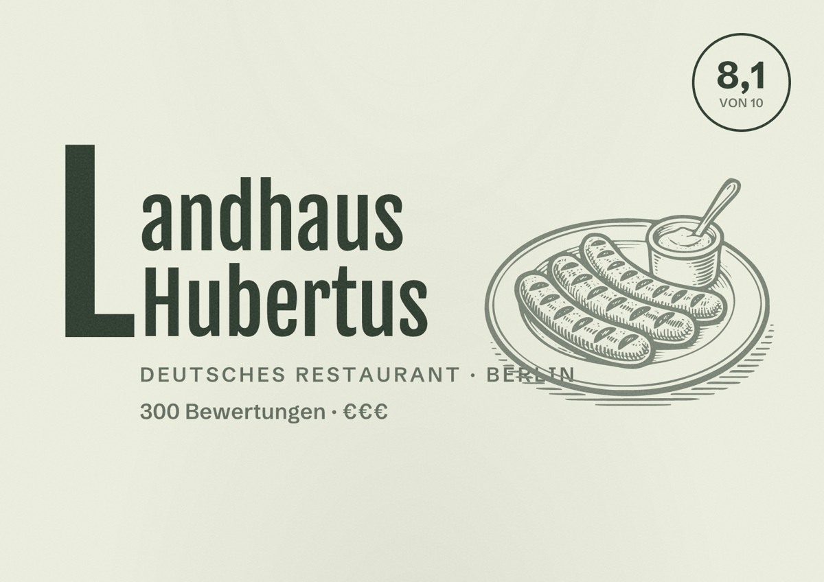 Illustriertes Poster von Landhaus Hubertus, Deutsches Restaurant in Berlin: Bewertung 8,1 von 10 aus 300 Bewertungen, Preisniveau €€€